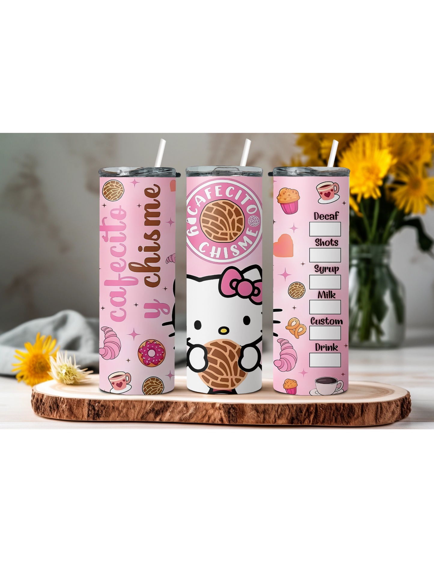Kitty Cafecito y Chisme Tumbler | Skinny Tumbler Personslisado | Perfect for Gift | Personalized Gift | 20 oz skinny tumbler