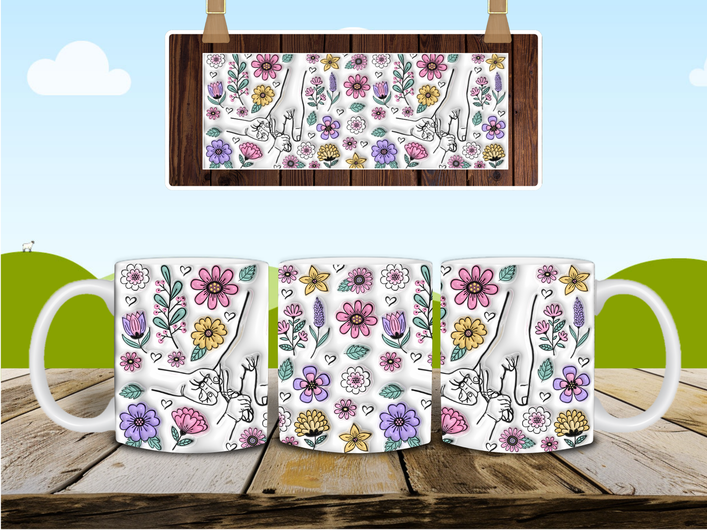 Mother's Day 3D | Hasta 6 Manos Tazas de15 OZ | Taza del Dia de las Madres | Personalizable.