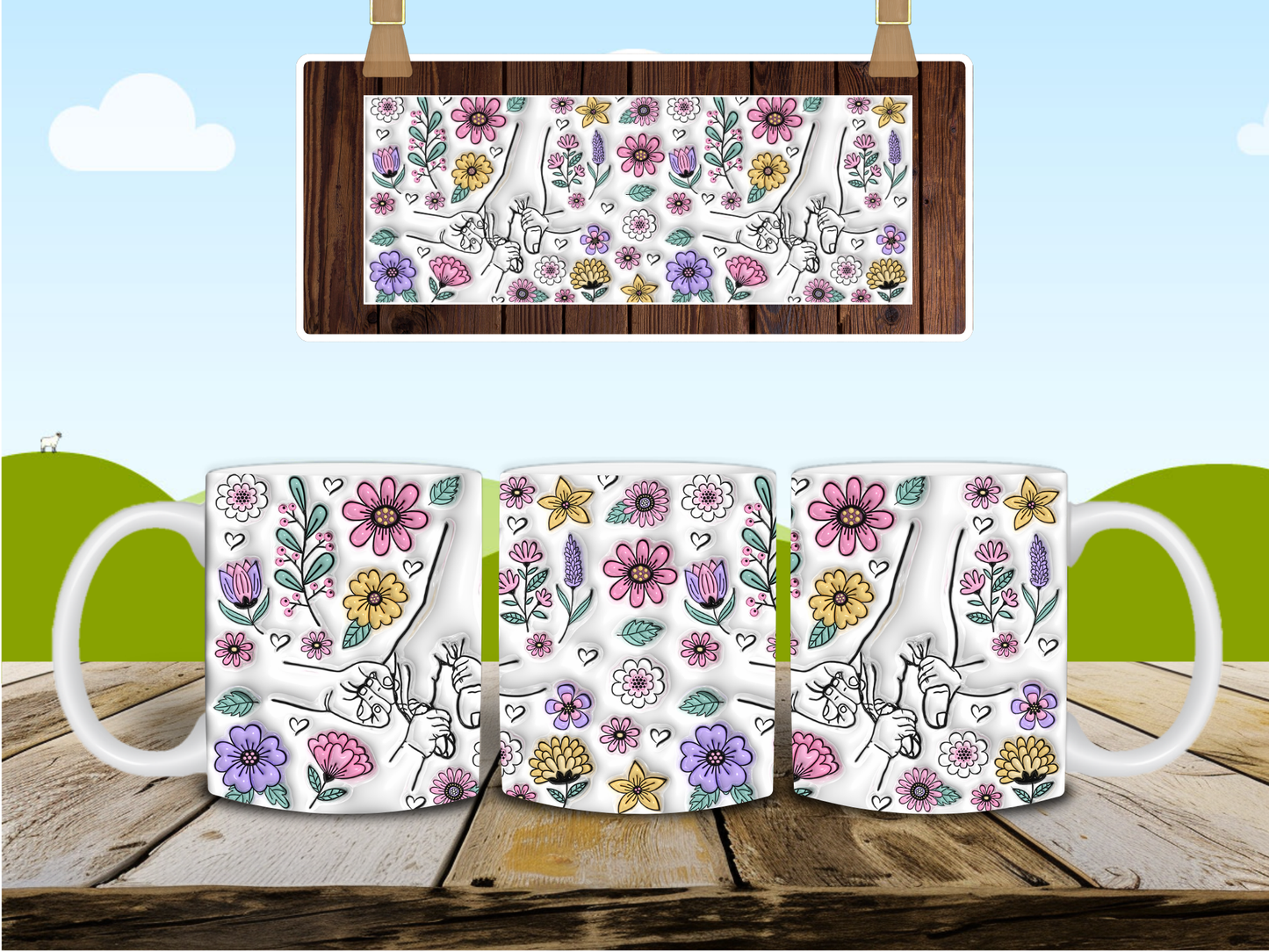 Mother's Day 3D | Hasta 6 Manos Tazas de15 OZ | Taza del Dia de las Madres | Personalizable.