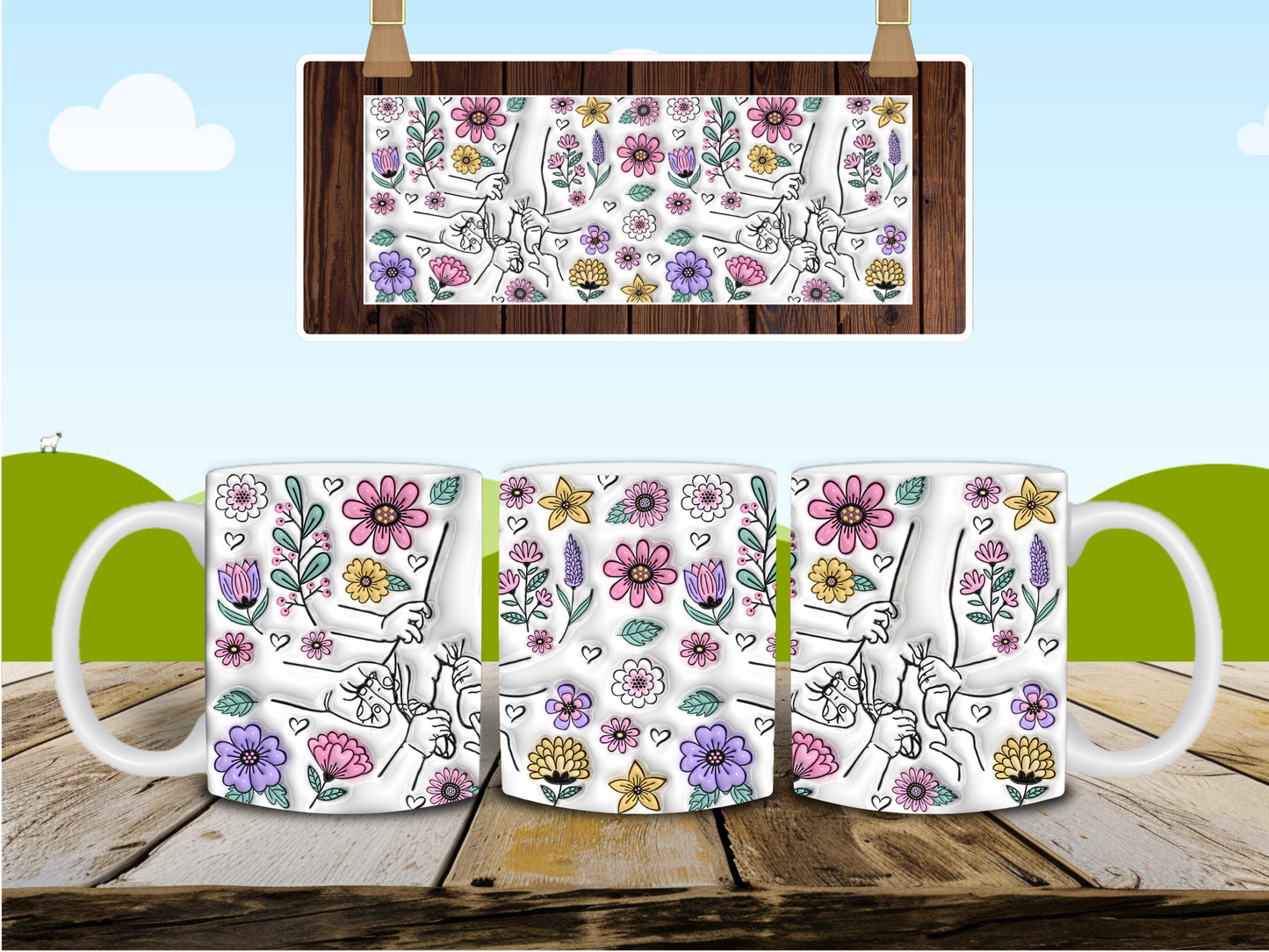 Mother's Day 3D | Hasta 6 Manos Tazas de15 OZ | Taza del Dia de las Madres | Personalizable.