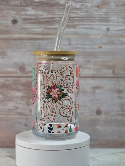 MAMA 16 oz Frosted Glass Can – Mother’s Day Edition | With Bamboo Lid & Glass Straw