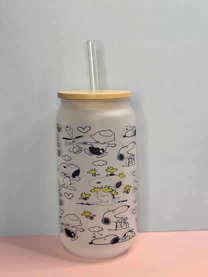 Snoopy glass can frosted 18 oz