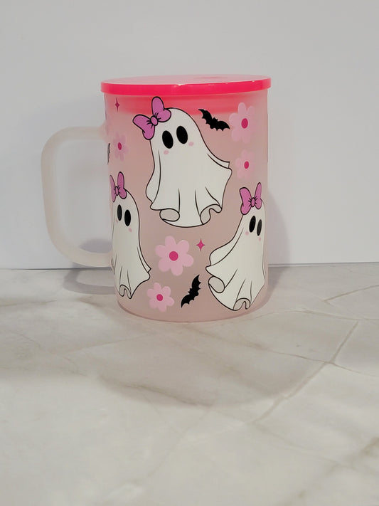 Cute Halloween Ghost Cup with Pink Lid – 15 oz Spooky Girl Mug – Kawaii Ghost Tumbler – Perfect Halloween Gift for Her
