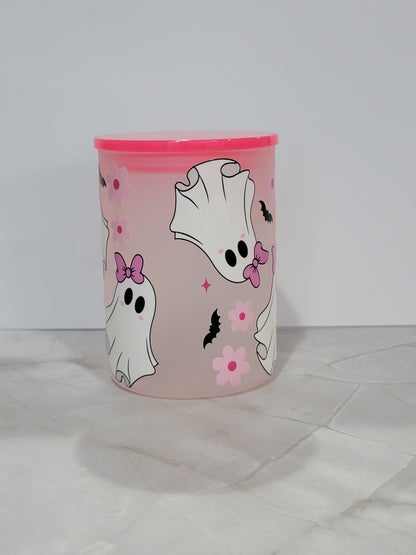 Cute Halloween Ghost Cup with Pink Lid – 15 oz Spooky Girl Mug – Kawaii Ghost Tumbler – Perfect Halloween Gift for Her