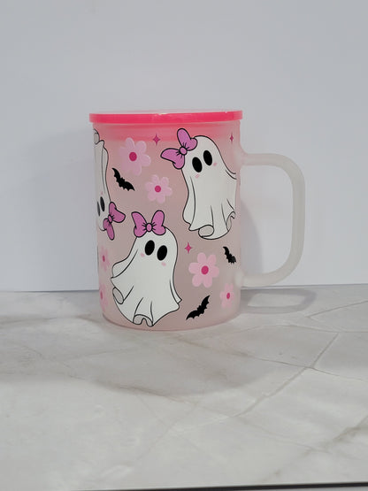 Cute Halloween Ghost Cup with Pink Lid – 15 oz Spooky Girl Mug – Kawaii Ghost Tumbler – Perfect Halloween Gift for Her