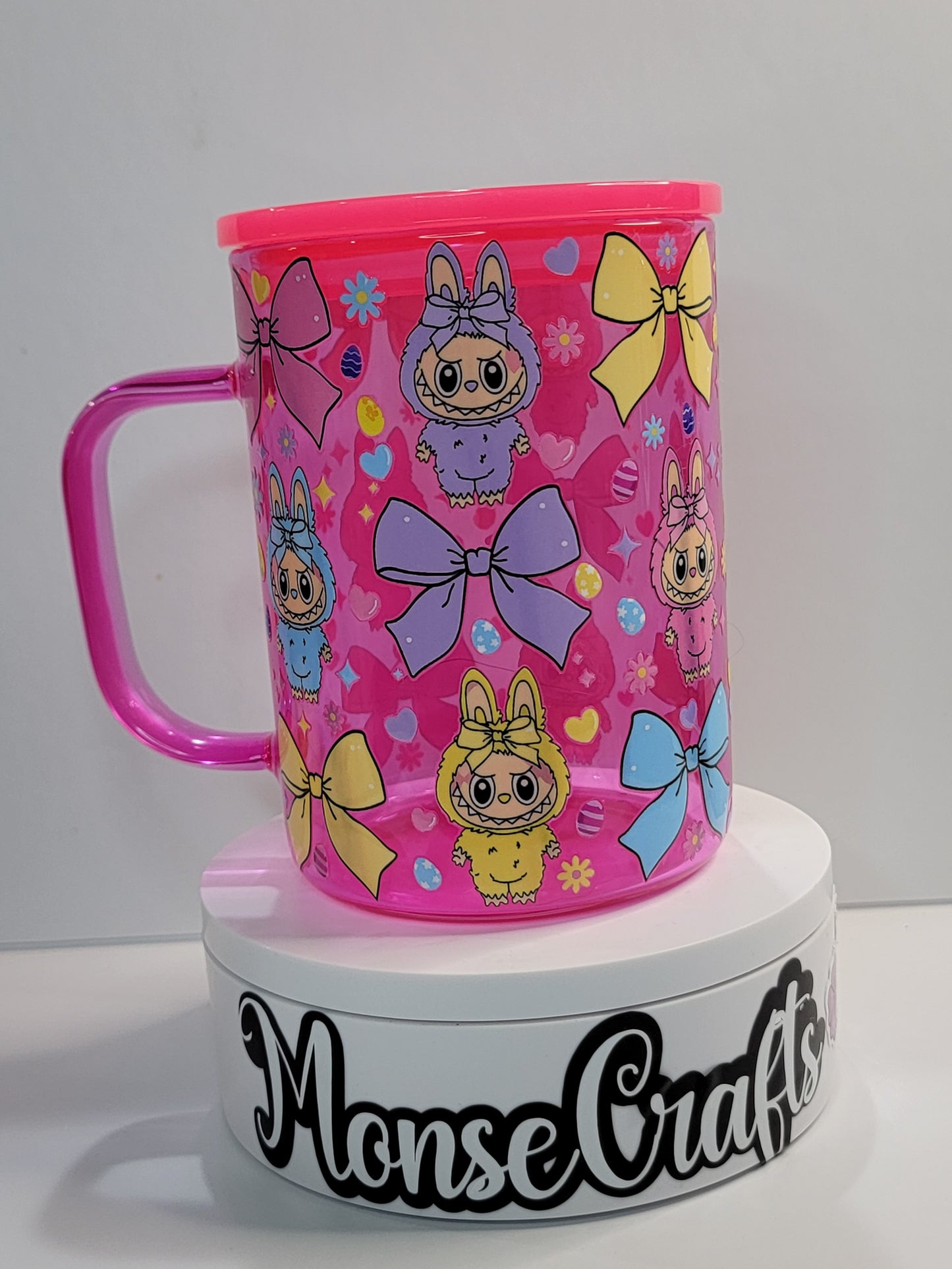 Cute monster Cup with Pink Lid – 15 oz monster Girl Mug – monsters and bows  – Perfect for Gift for Her