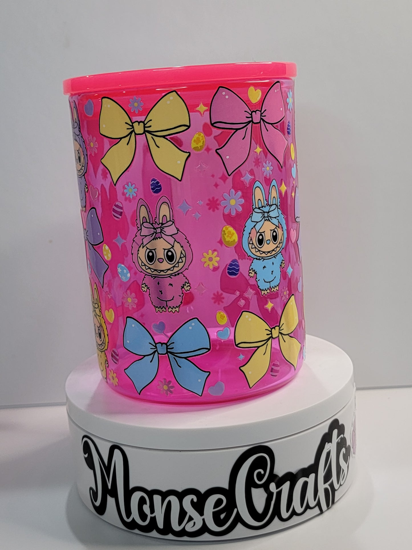 Cute monster Cup with Pink Lid – 15 oz monster Girl Mug – monsters and bows  – Perfect for Gift for Her