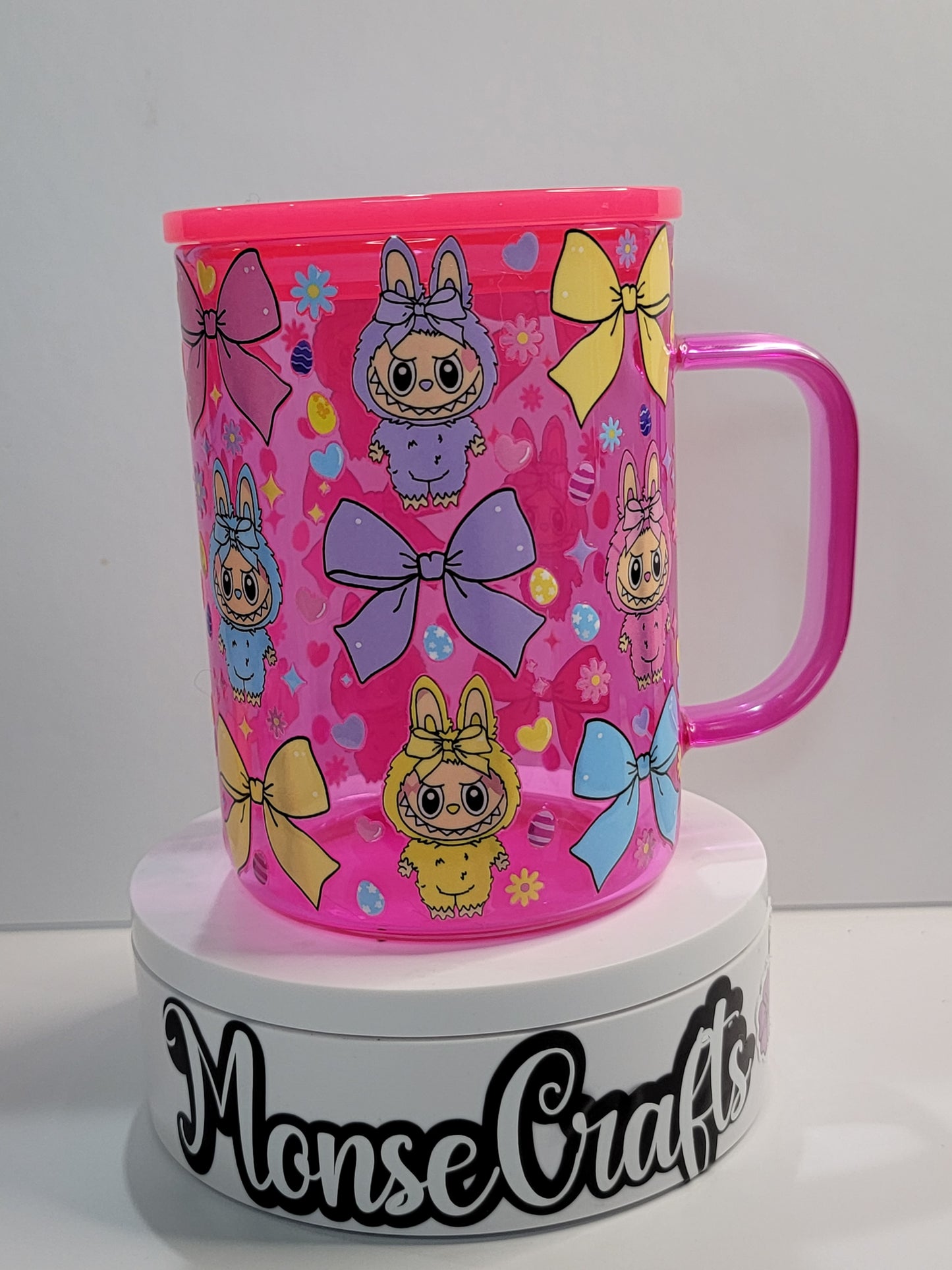 Cute monster Cup with Pink Lid – 15 oz monster Girl Mug – monsters and bows  – Perfect for Gift for Her