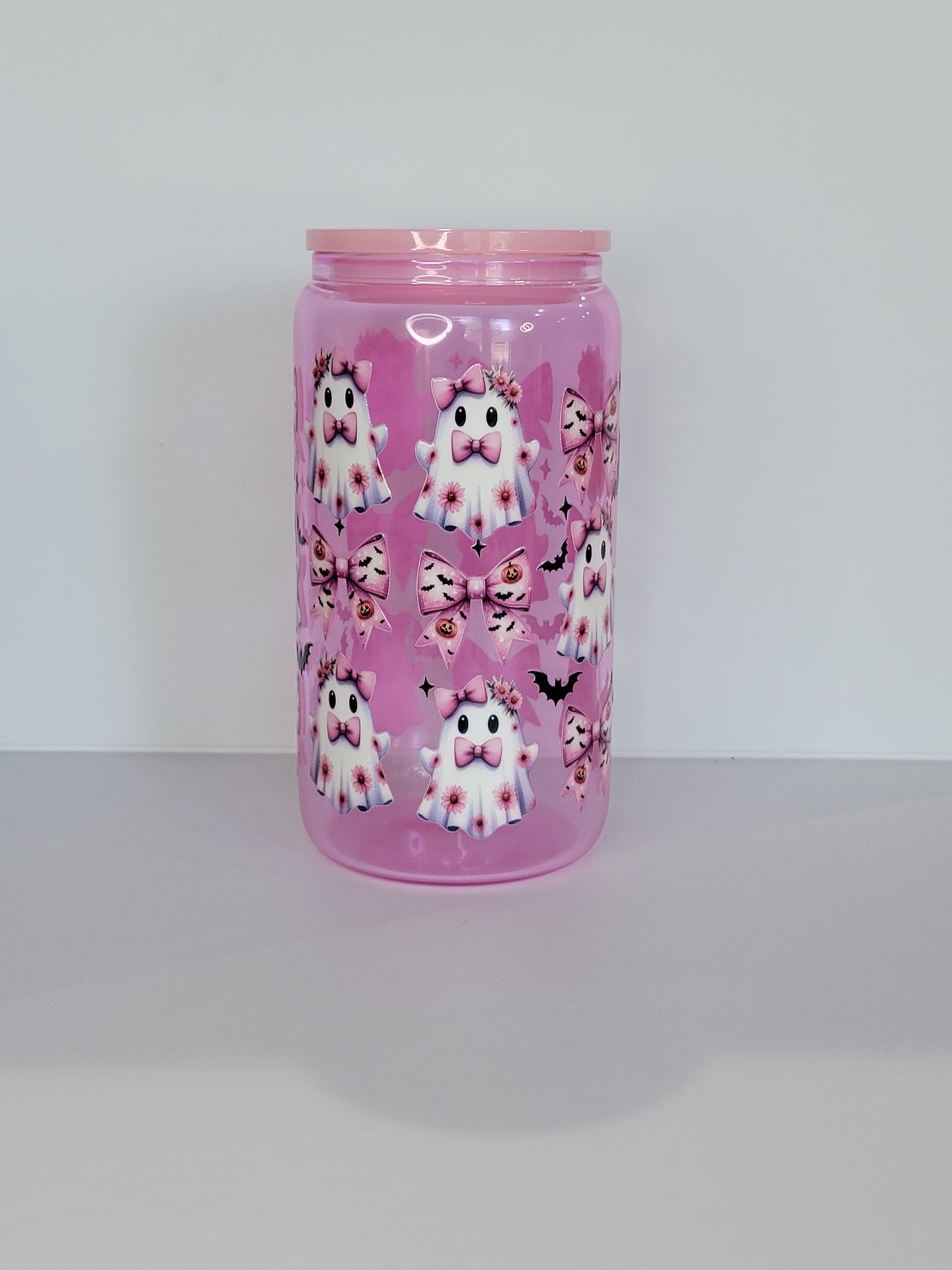 Pink Ghost and bows Glass Can 16 Oz | Pink Glass Can | Halloween