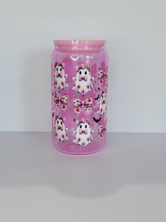 Pink Ghost and bows Glass Can 16 Oz | Pink Glass Can | Halloween