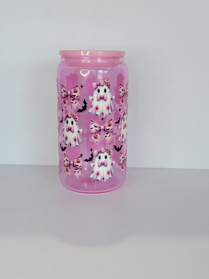 Pink Ghost and bows Glass Can 16 Oz | Pink Glass Can | Halloween