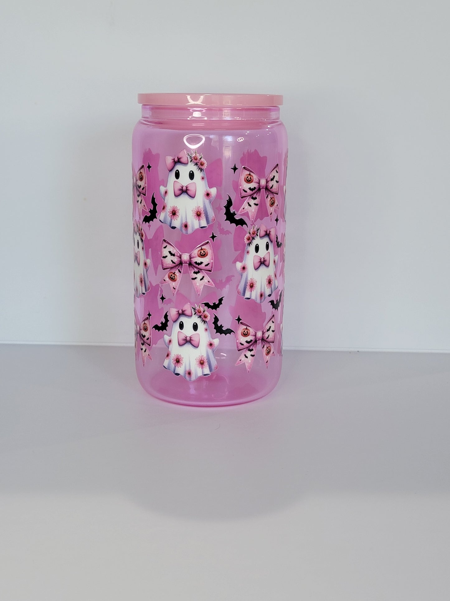 Pink Ghost and bows Glass Can 16 Oz | Pink Glass Can | Halloween
