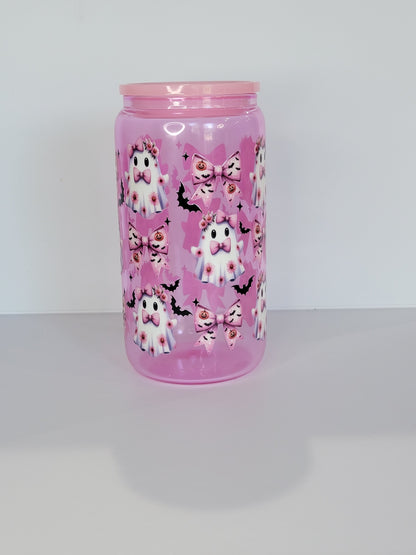 Pink Ghost and bows Glass Can 16 Oz | Pink Glass Can | Halloween