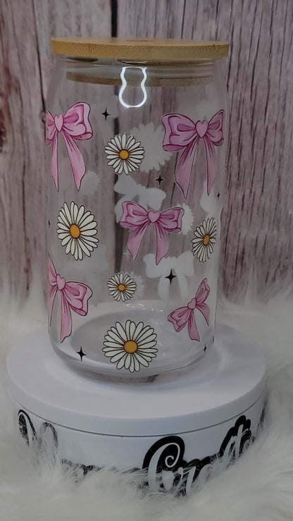 Coquette bows and flowers glass can 16 Oz | personalized | perfect gift.