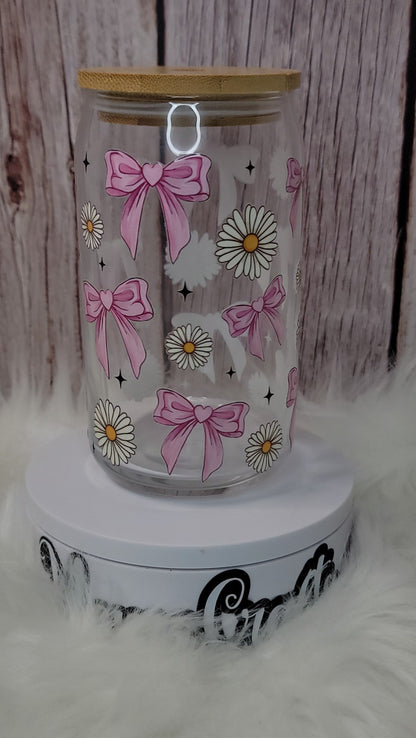 Coquette bows and flowers glass can 16 Oz | personalized | perfect gift.
