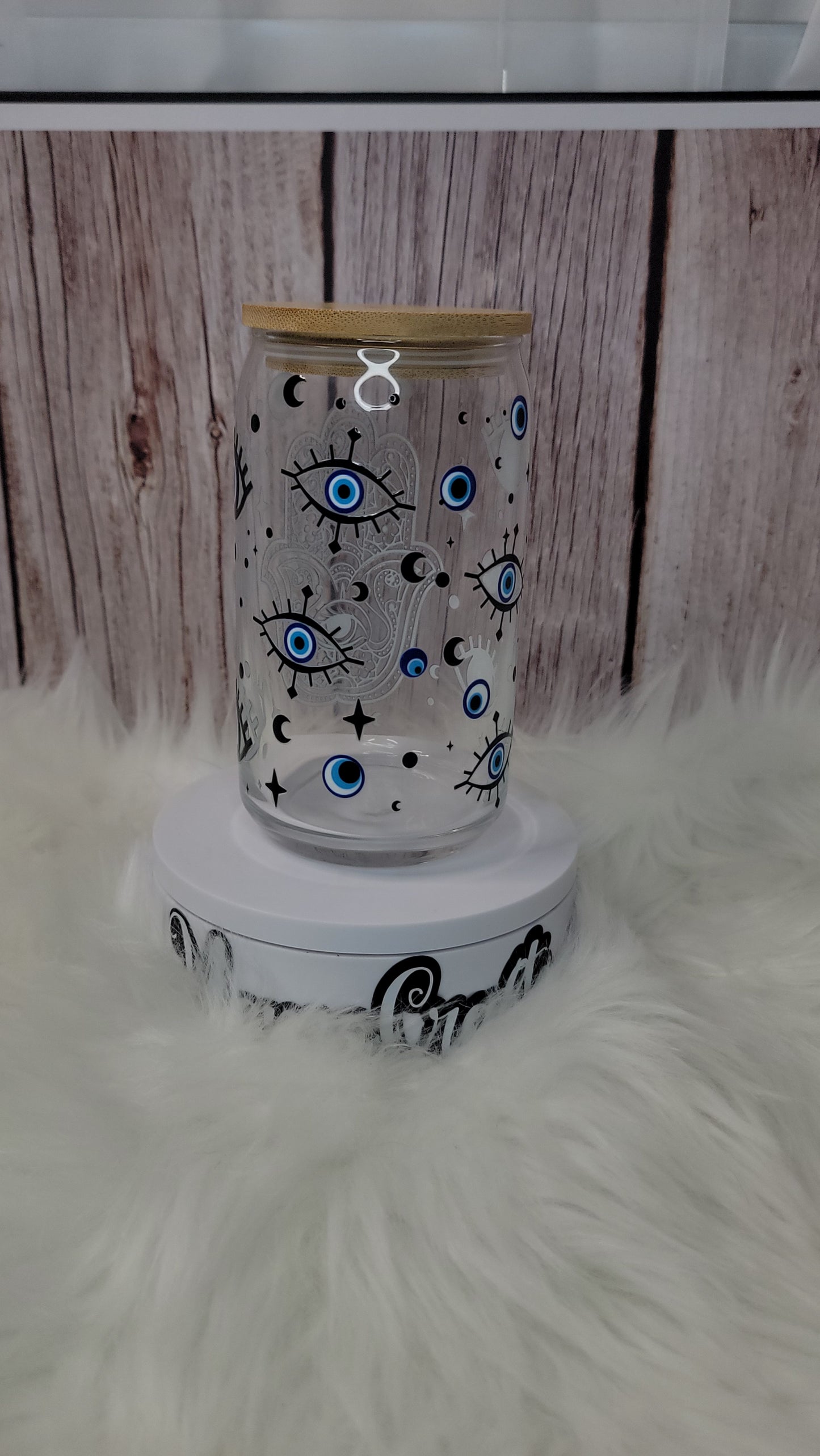 Hamsa Glass can 16 oz | With lid and glass straw