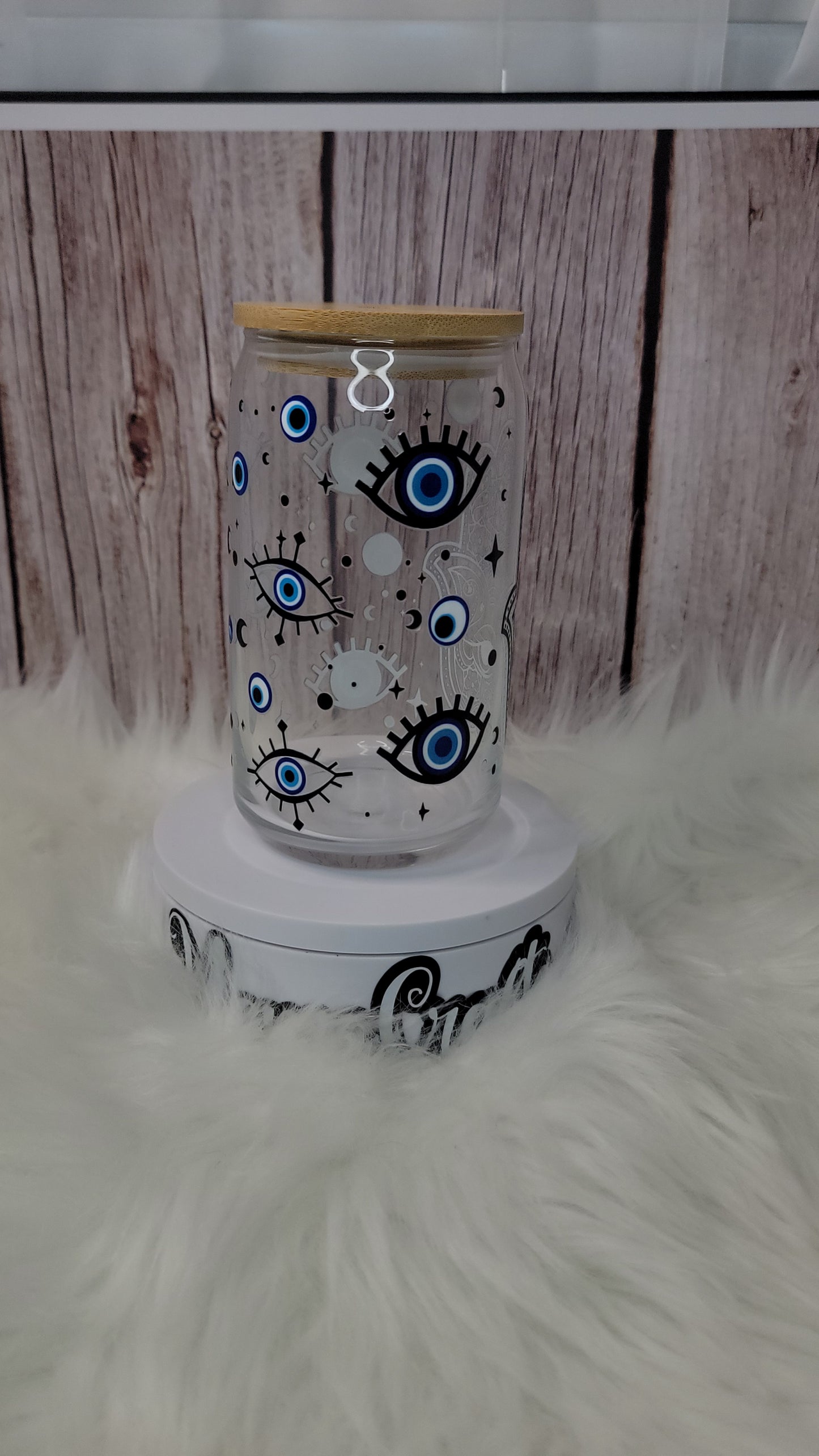 Hamsa Glass can 16 oz | With lid and glass straw