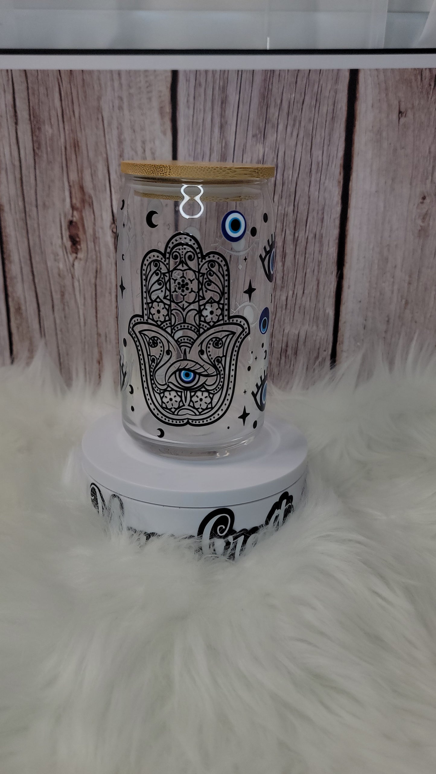 Hamsa Glass can 16 oz | With lid and glass straw