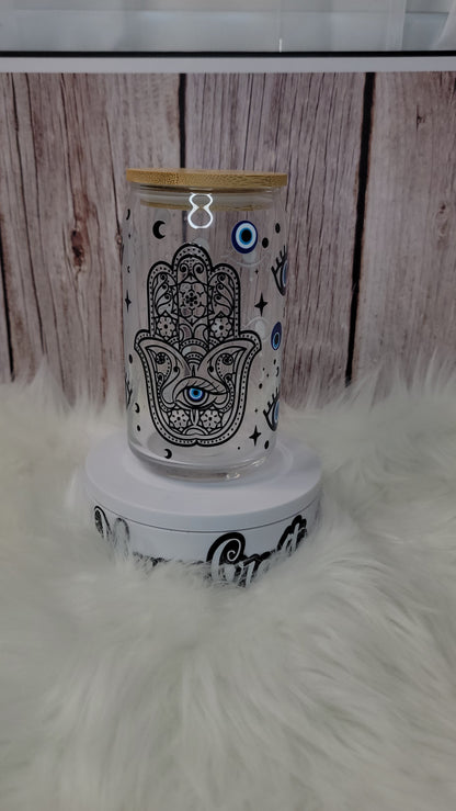 Hamsa Glass can 16 oz | With lid and glass straw