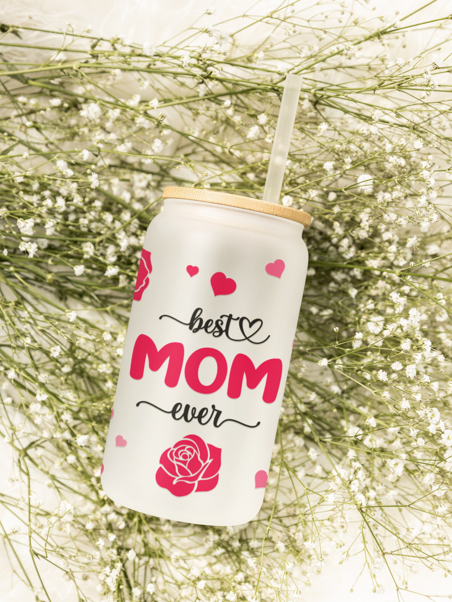 Glass can frosted best mom 18 oz | Glass Can with Lid and Straw | Best Mom Ever