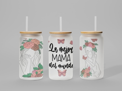 La Mejor Madre del Mundo Frosted Glass Can – 18 oz | Modern & Stylish Drinkware