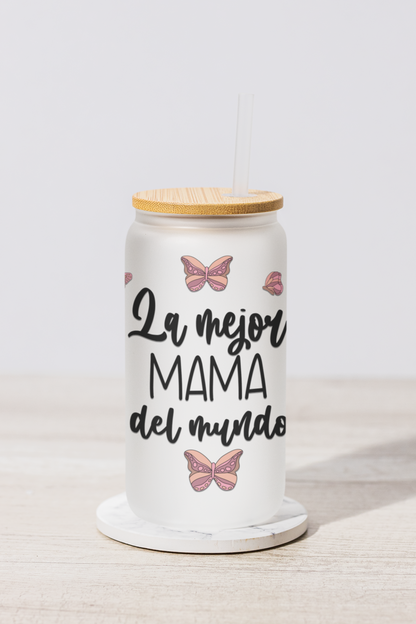 La Mejor Madre del Mundo Frosted Glass Can – 18 oz | Modern & Stylish Drinkware