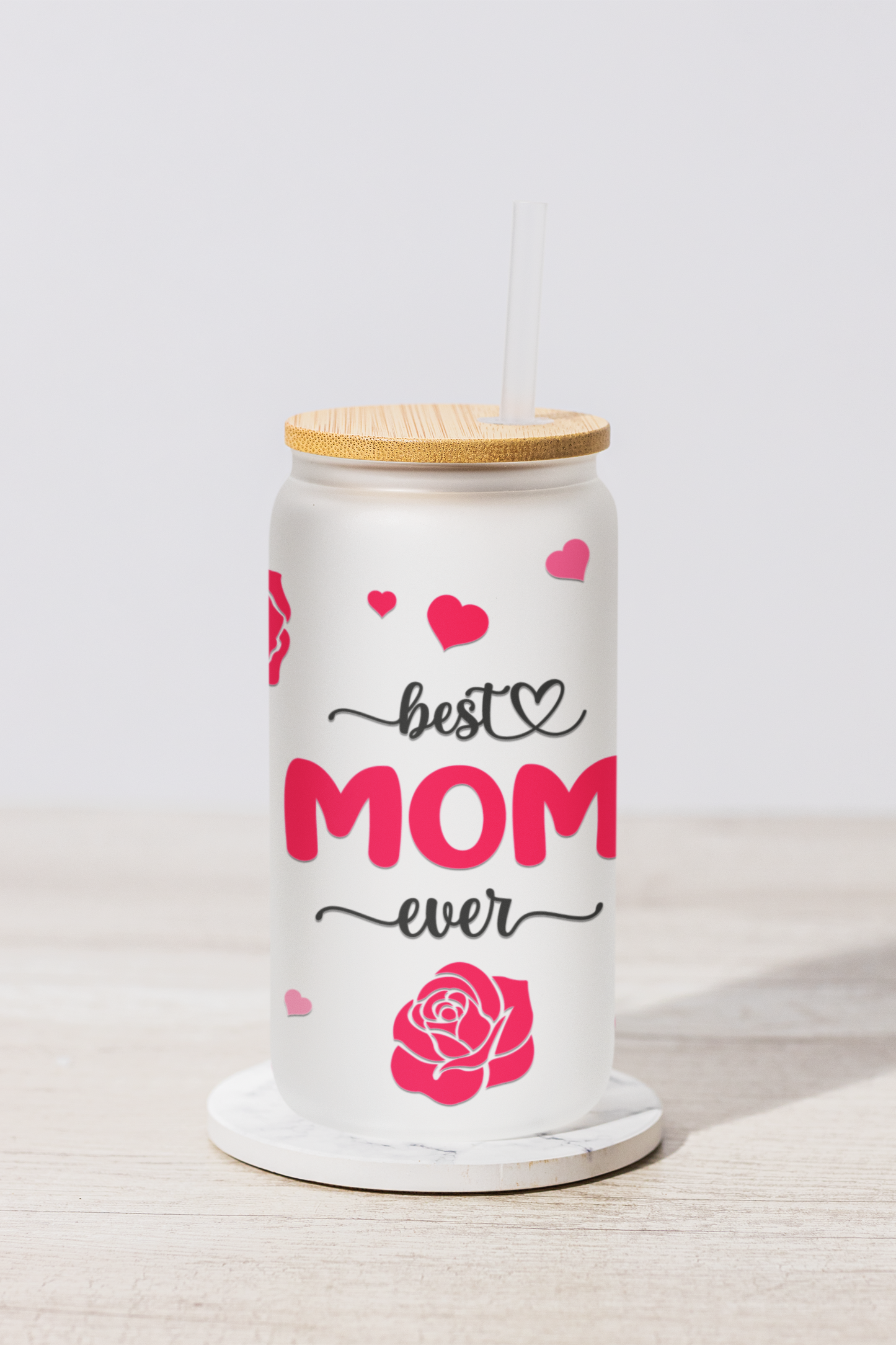 Glass can frosted best mom 18 oz | Glass Can with Lid and Straw | Best Mom Ever