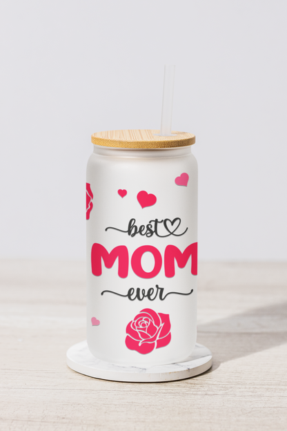Glass can frosted best mom 18 oz | Glass Can with Lid and Straw | Best Mom Ever