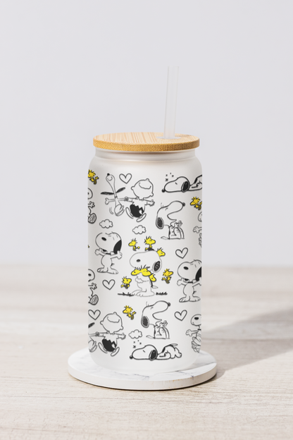 Snoopy glass can frosted 18 oz