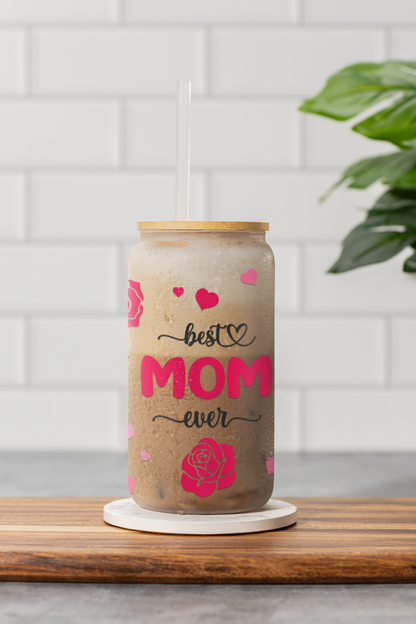 Glass can frosted best mom 18 oz | Glass Can with Lid and Straw | Best Mom Ever