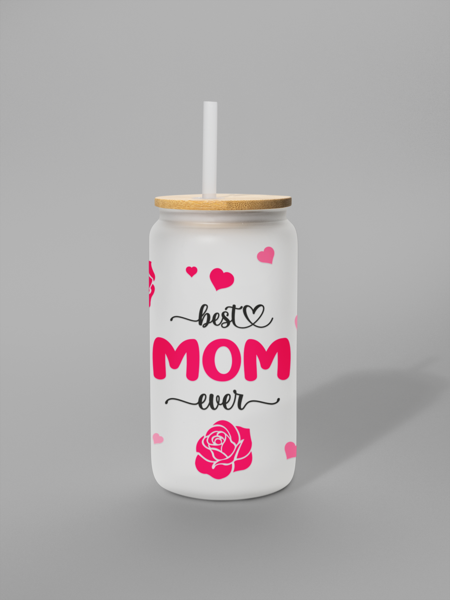 Glass can frosted best mom 18 oz | Glass Can with Lid and Straw | Best Mom Ever