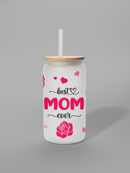 Glass can frosted best mom 18 oz | Glass Can with Lid and Straw | Best Mom Ever