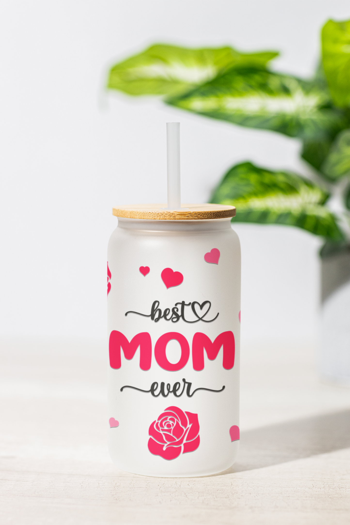 Glass can frosted best mom 18 oz | Glass Can with Lid and Straw | Best Mom Ever