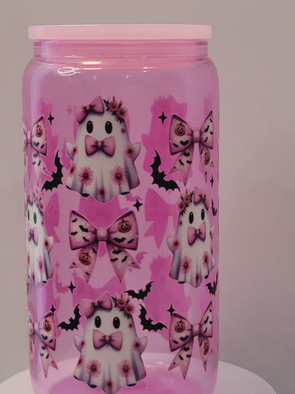 Pink Ghost and bows Glass Can 16 Oz | Pink Glass Can | Halloween