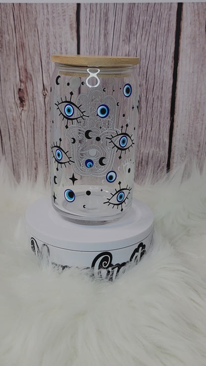 Hamsa Glass can 16 oz | With lid and glass straw