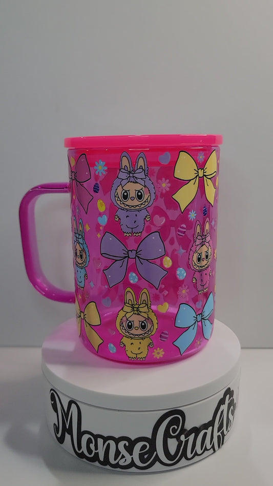 Cute monster Cup with Pink Lid – 15 oz monster Girl Mug – monsters and bows  – Perfect for Gift for Her